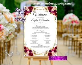 Geometric Wedding Program Sign,Burgundy Welcome sign with program,(116w)